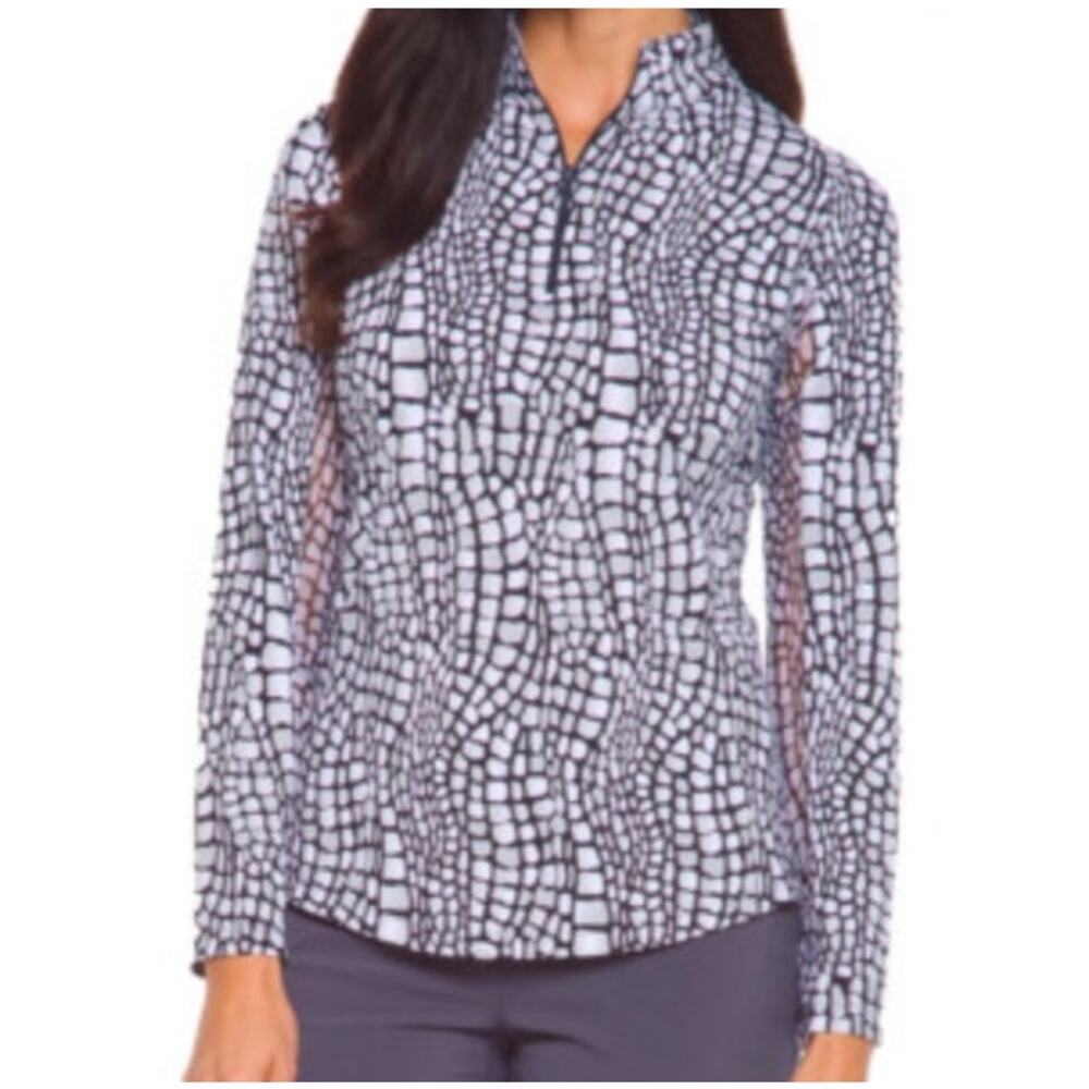 IBKUL Cari Golf Top UPF 50+ Cooling Mock Neck Zip Black White Small